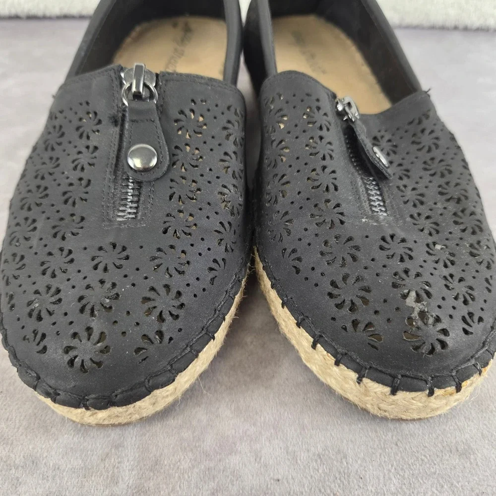 Easy Street Black Laser Cut Floral Espadrille Flats Zipper Accent Slip On Shoes